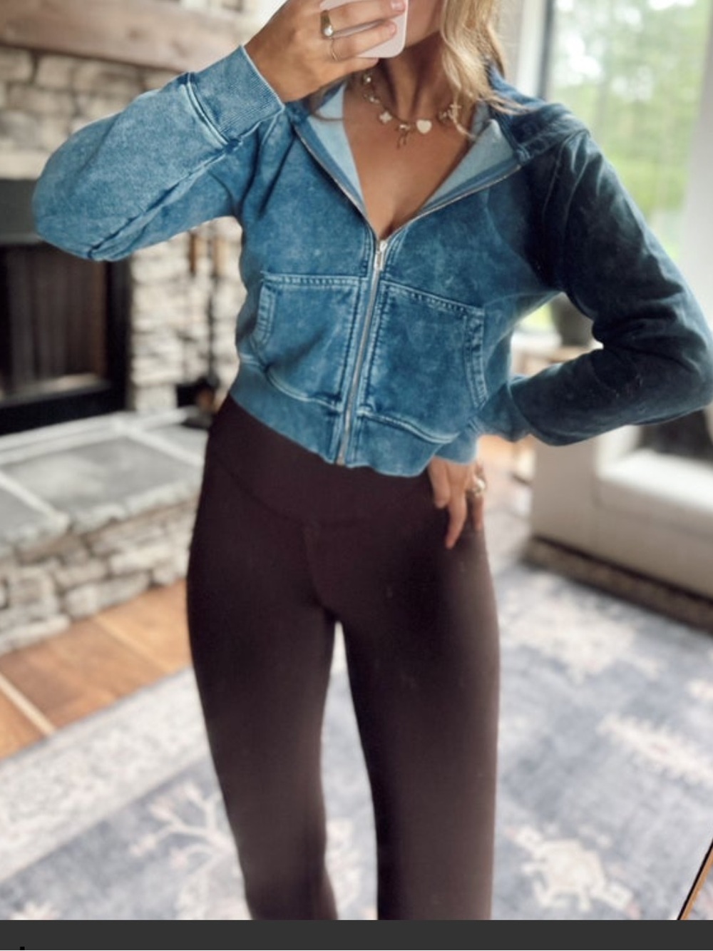 Boutique Blue Washed Zip-Up Hoodie Jacket - Women's Casual Cropped Coat
